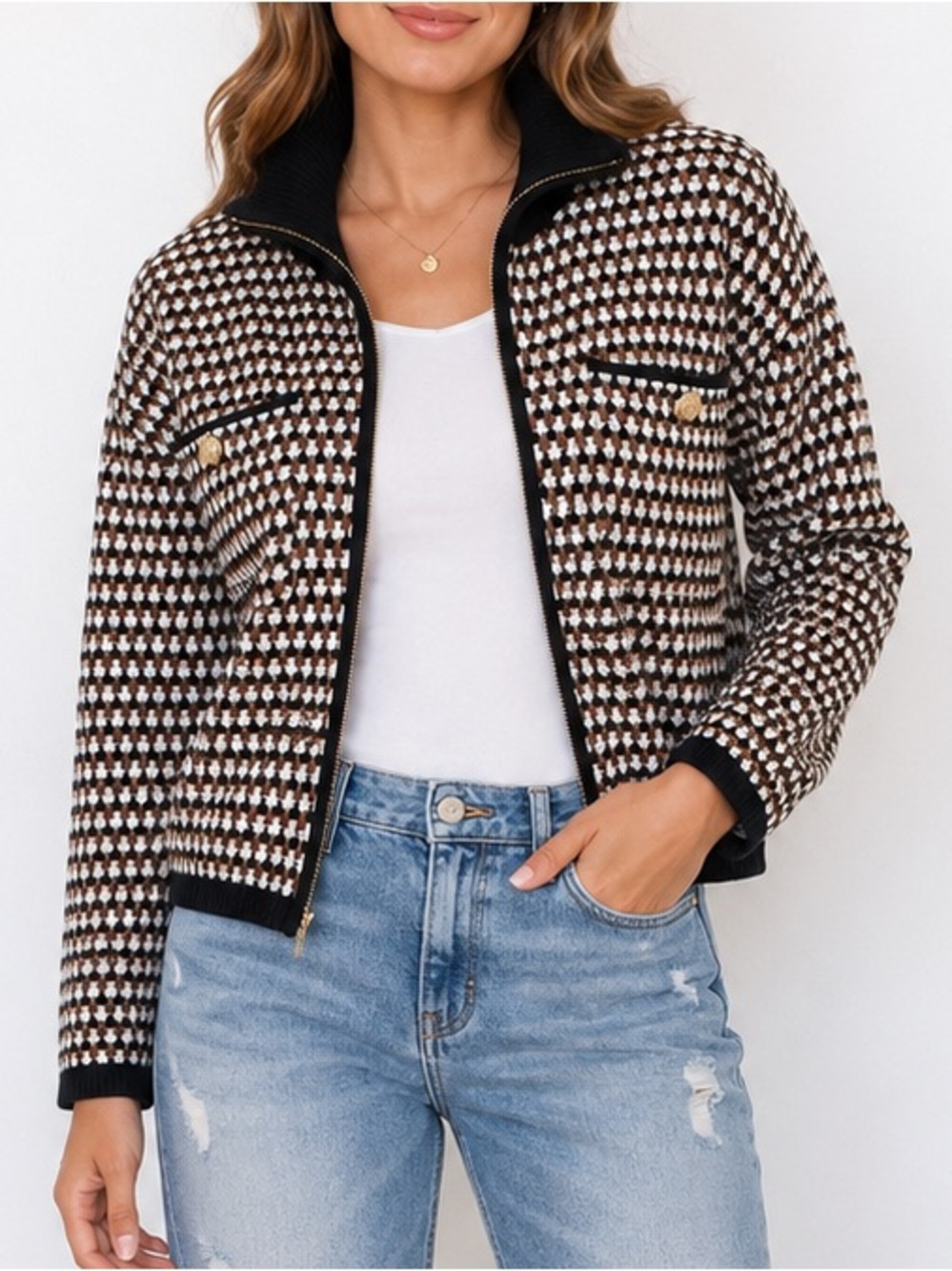 Jones New York Signature Knit Zip Jacket Houndstooth Gold Button Brown M NWOT